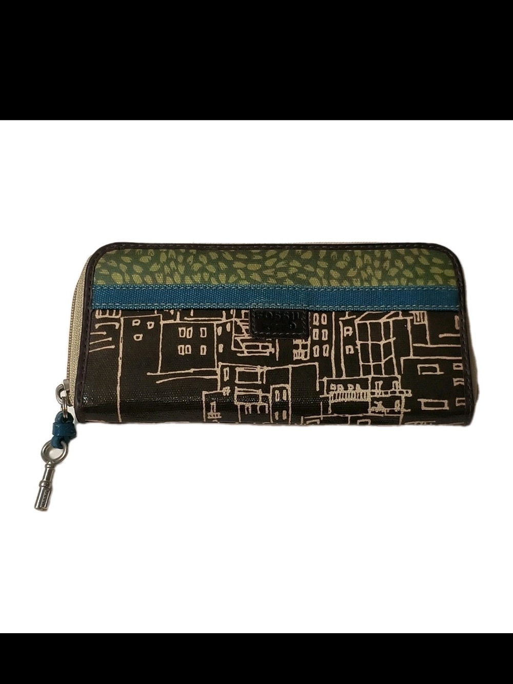 Rare Fossil Key-Per Coated Canvas City Sketch Zip Around Wallet